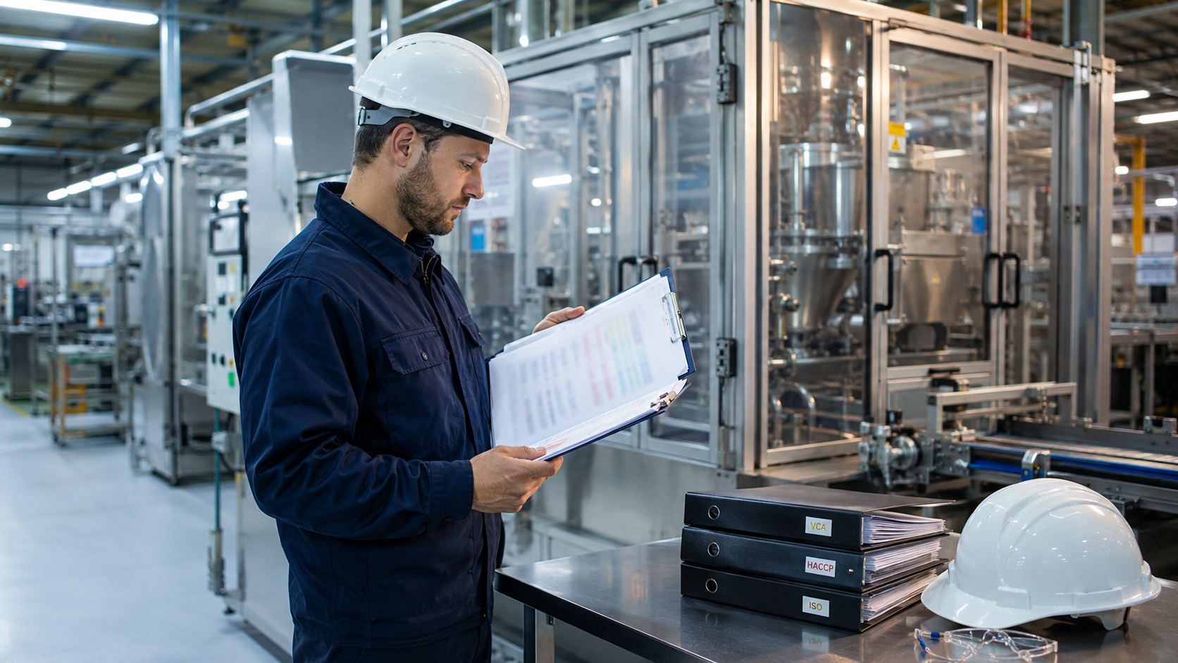 CRYOSTRAL Techniker mit Klemmbrett bei Produktionslinieninspektion