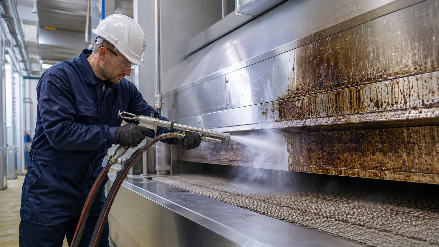 Trockeneisstrahlen eines Förderbands in der Lebensmittelbranche durch CRYOSTRAL