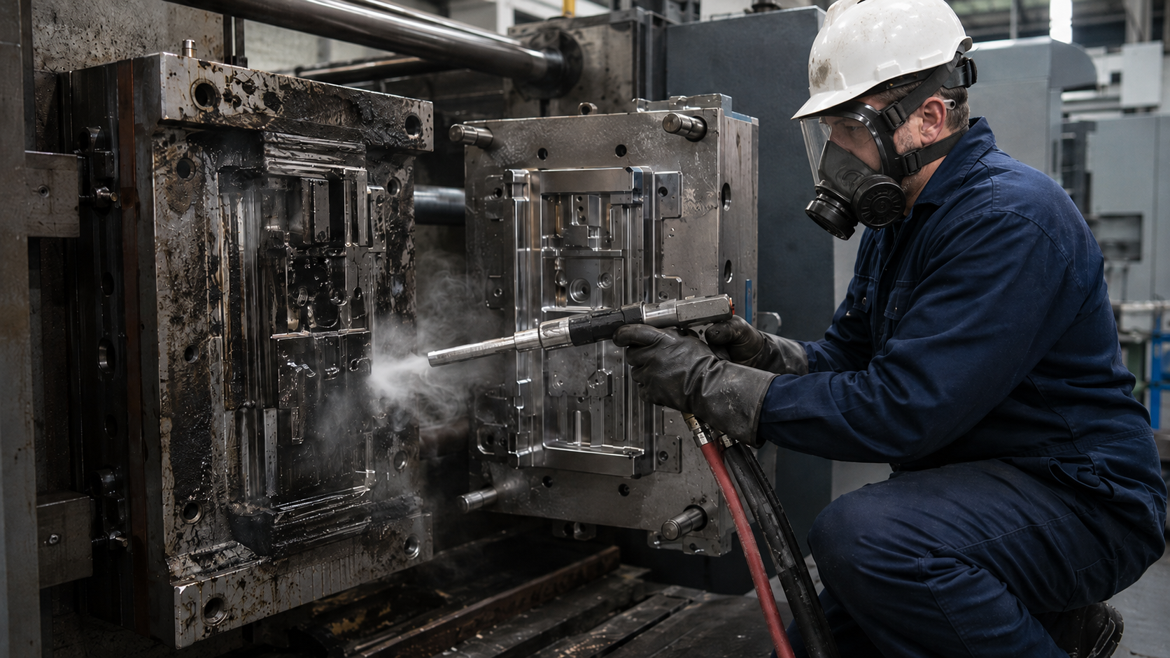 Droogijsreiniging van spuitgietmatrijs door CRYOSTRAL technicus